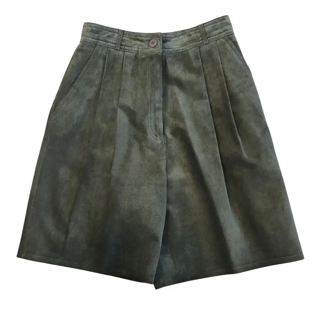 Talbots Forest Green Suede Leather Shorts Size 8 High Rise Pleated USA Made - Picture 2 of 9